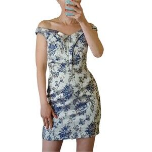 Adelyn Rae floral jacquard cocktail mini dress blue silver cornflower size Small